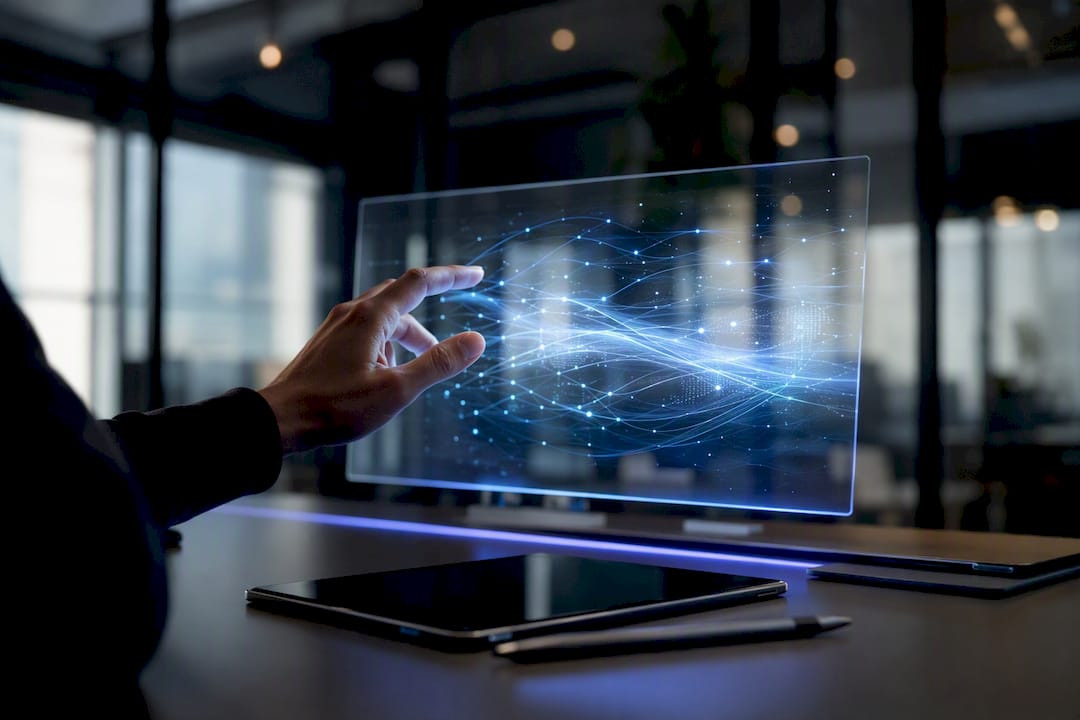Hand activating AI data interface in modern workspace