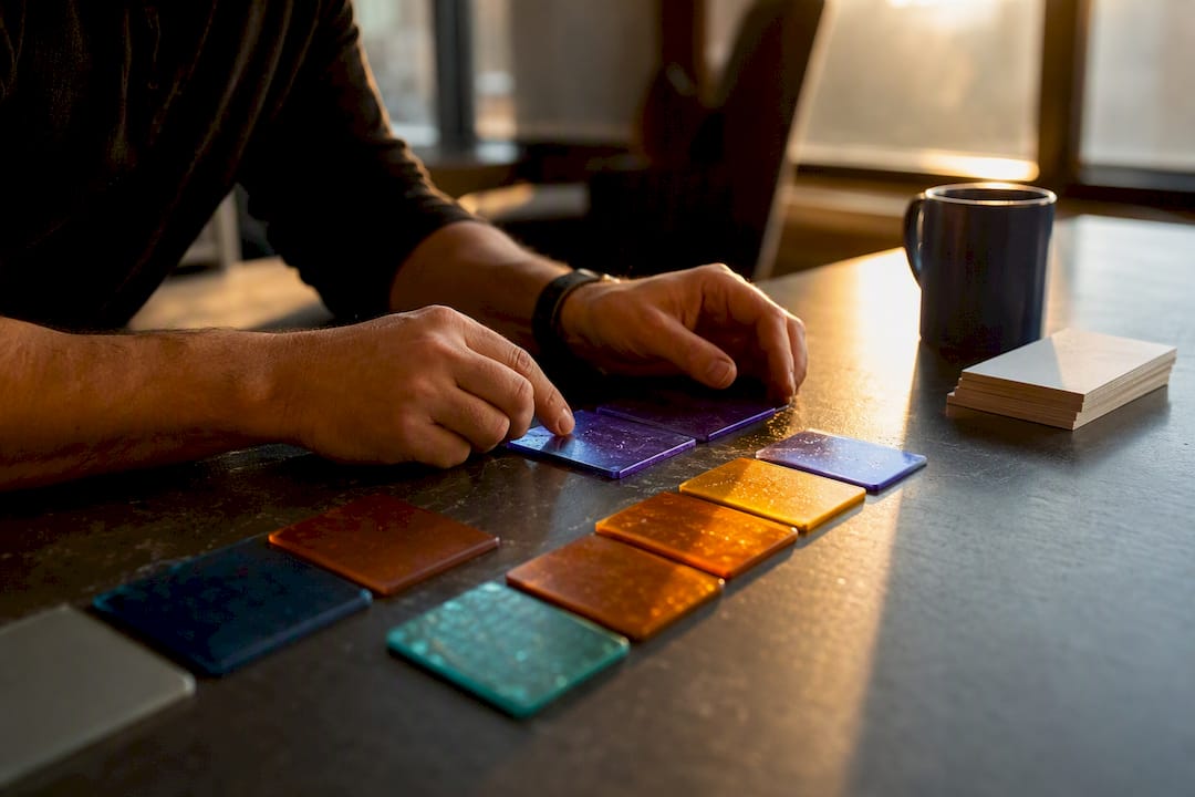 Hands updating score decay tiles on table
