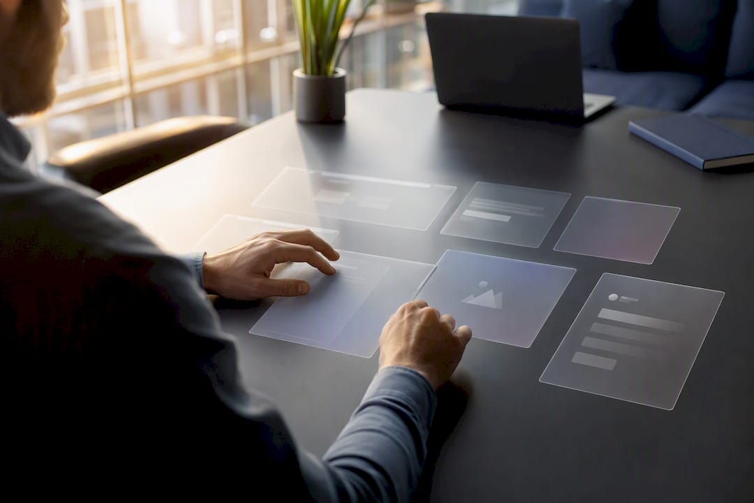 Hands sorting digital deal cards on modern desk