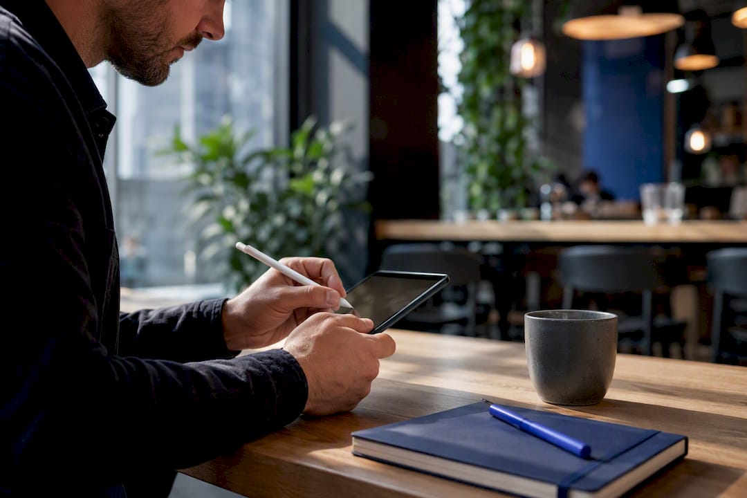 Hands noting negotiation terms on tablet