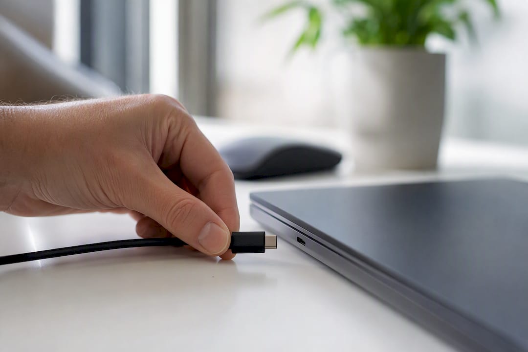 Hand unplugging cable on modern desk