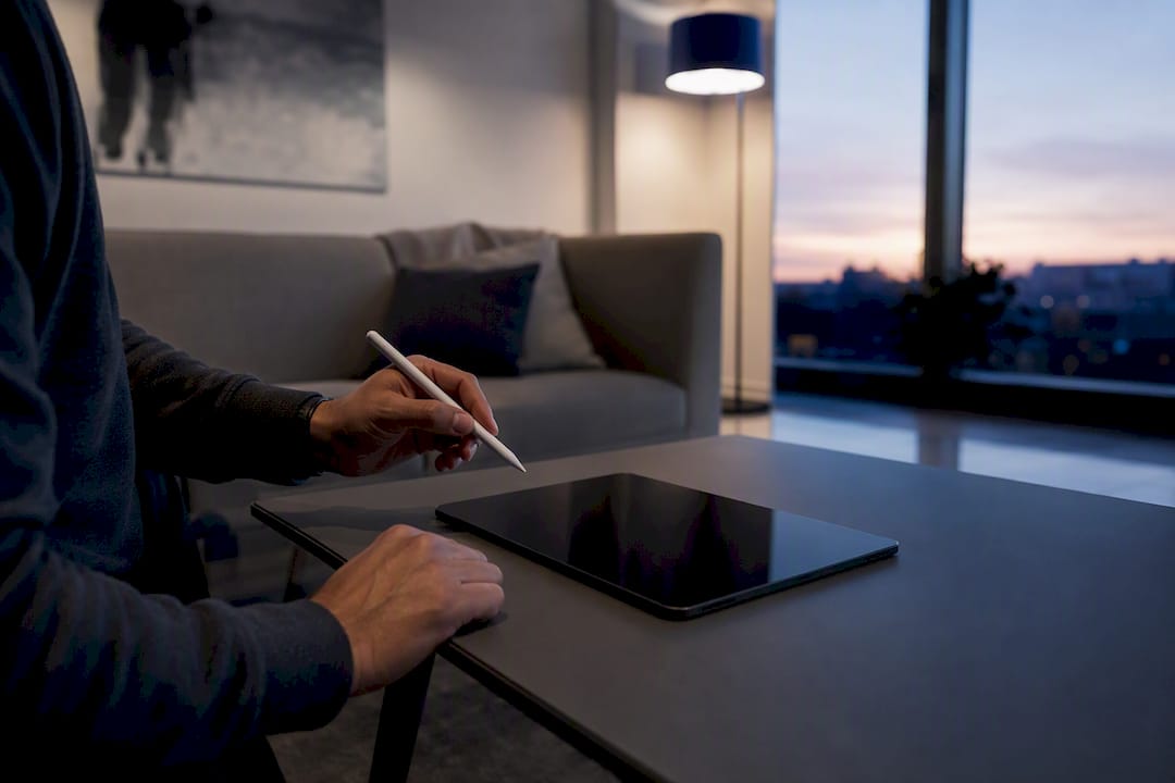 Hands holding stylus over tablet on desk