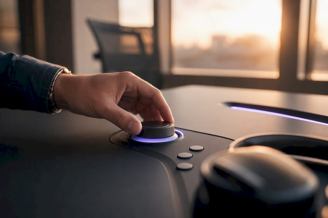 Hand activating control switch in sales workspace