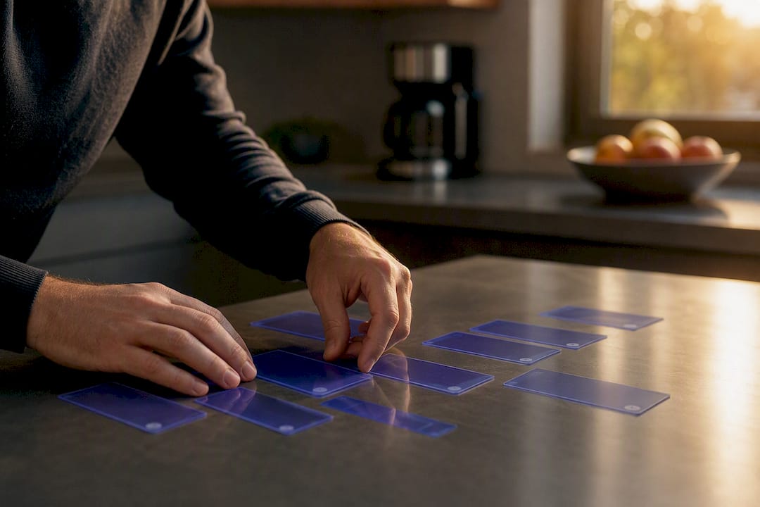 Hands arranging alert notification tiles