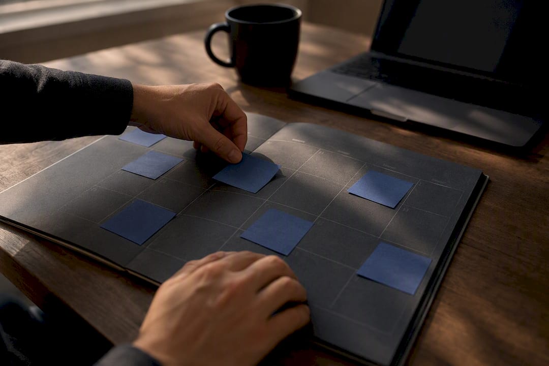 Calendar with blank reminder tabs on desk