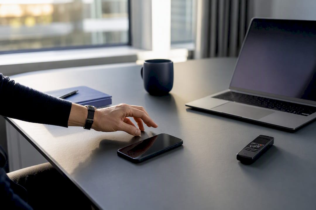 Hand holding smartphone with dark screen on modern desk