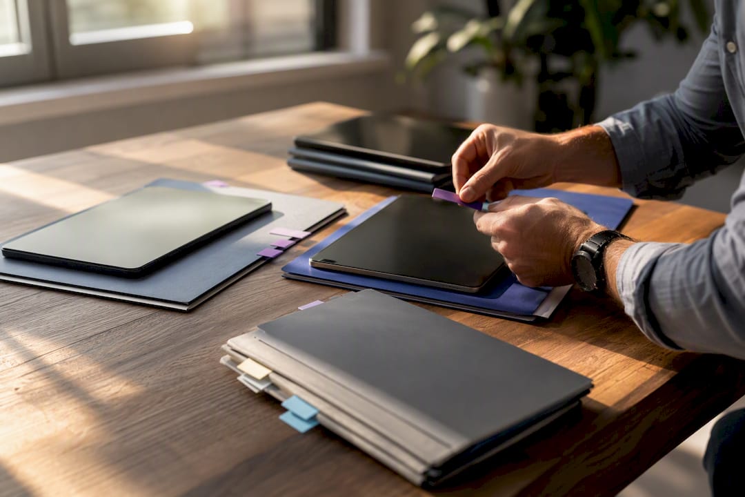 Hands arranging buyer persona presentation materials
