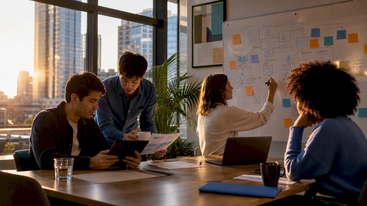 Analytics team collaborating around conference table