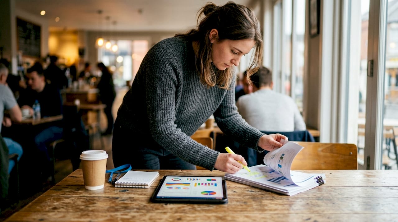 Data analyst reviewing printed reports at desk