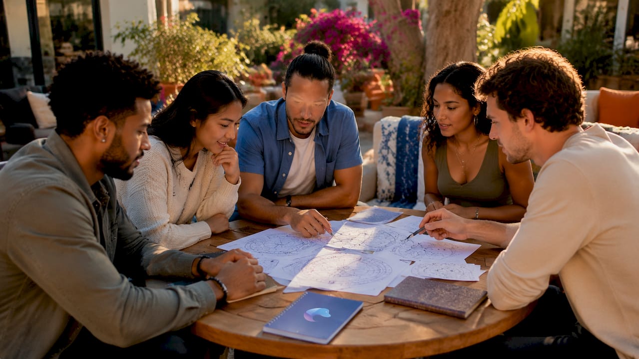 People discussing astrology birth charts at meetup