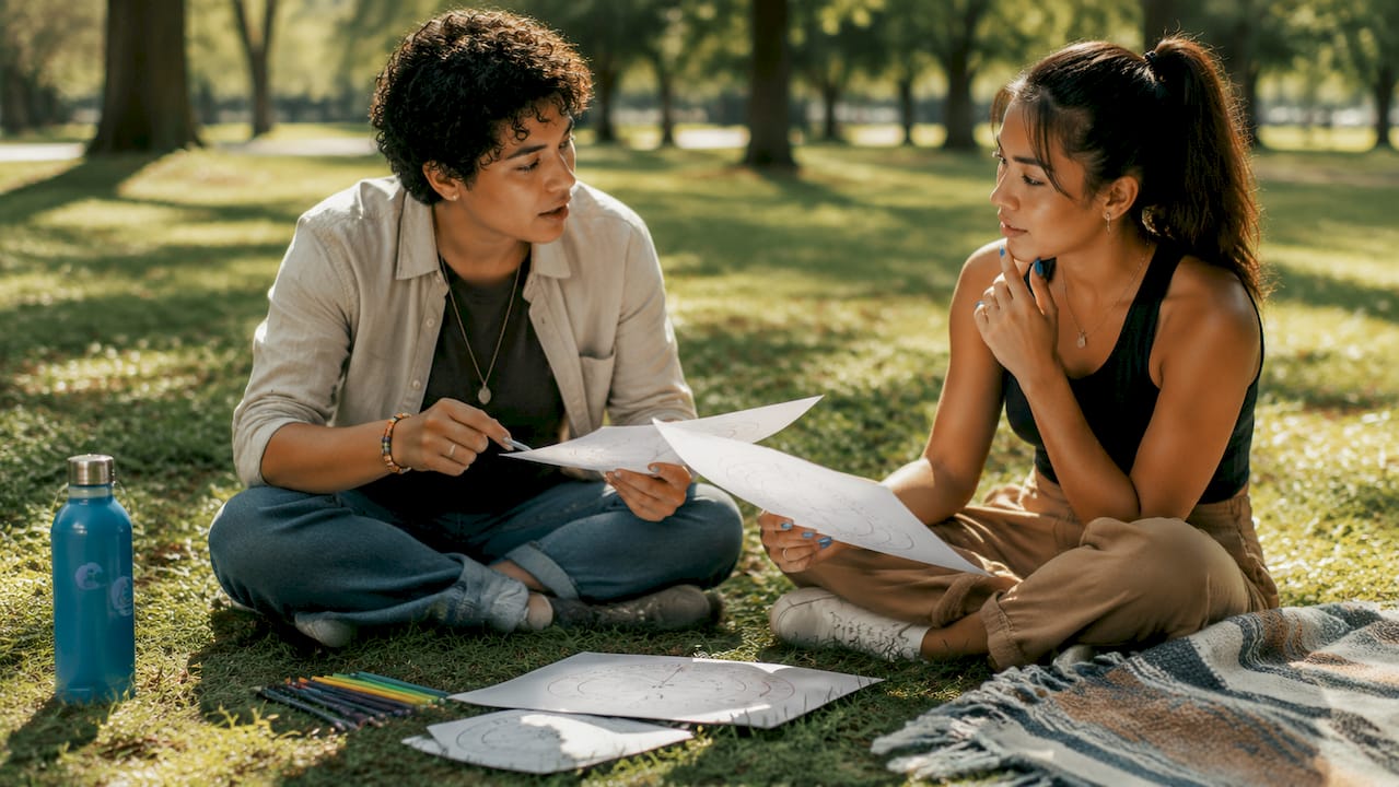 Hands holding astrology charts during discussion