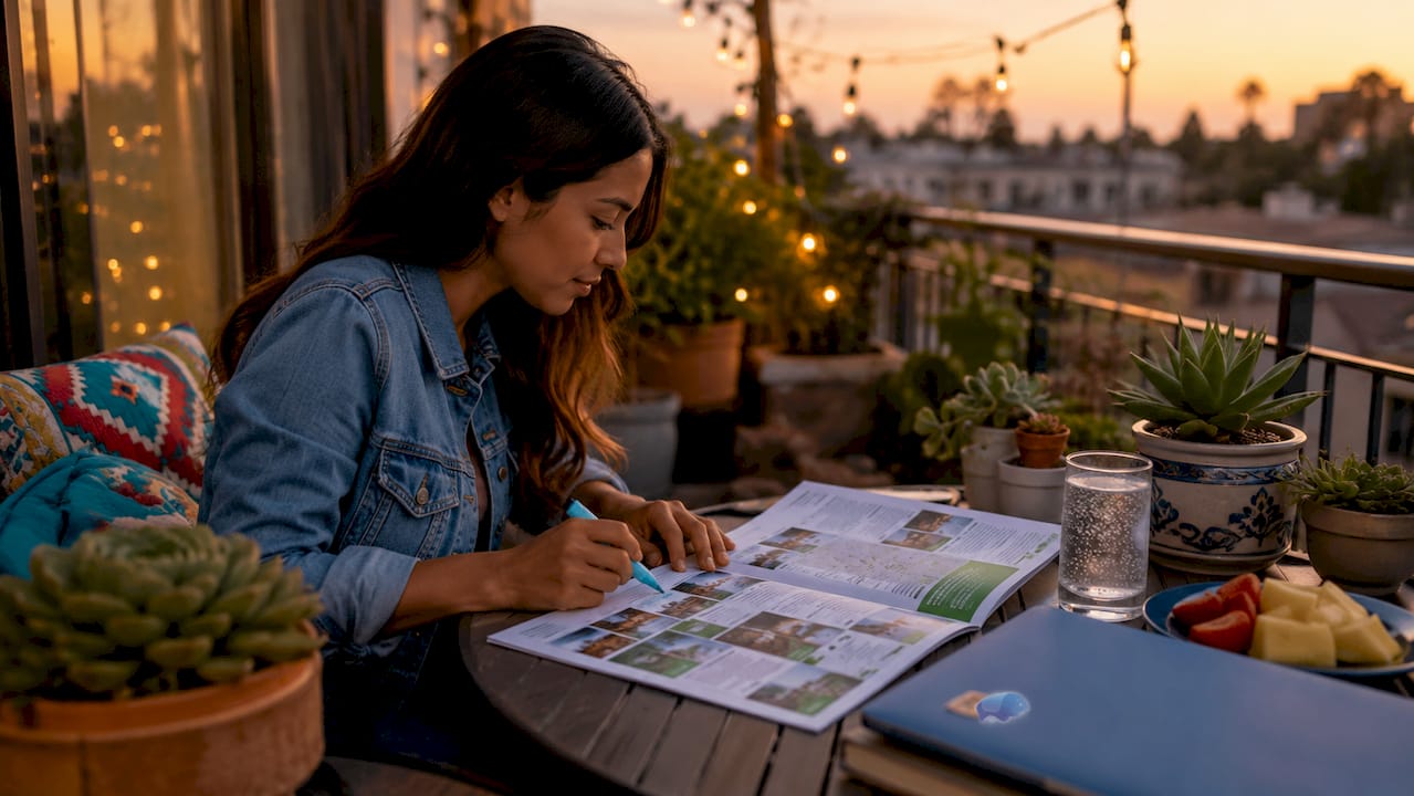 Person highlighting cannabis event guide brochure at home