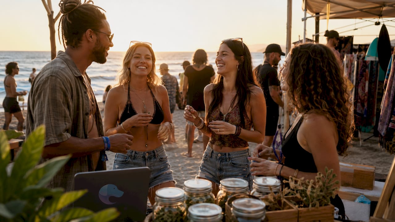 Adults socializing at outdoor cannabis festival