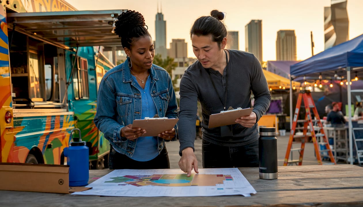 Event planners coordinating outdoor festival setup