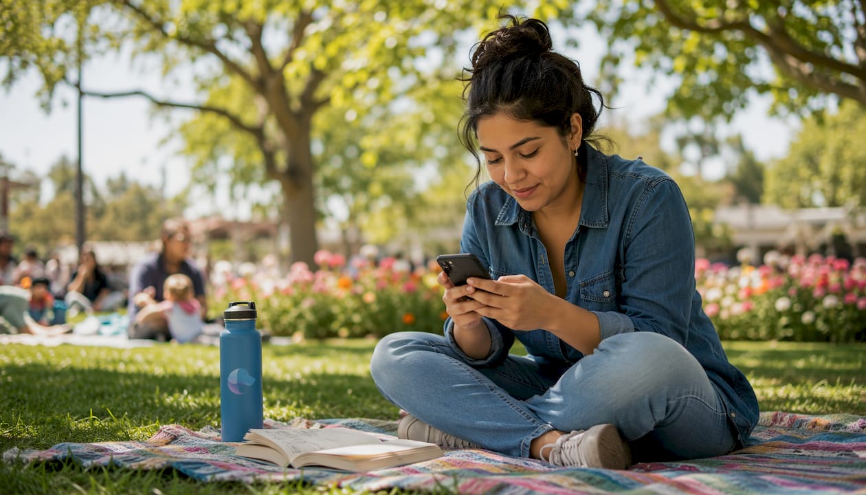 Woman using smartphone event app at cafe