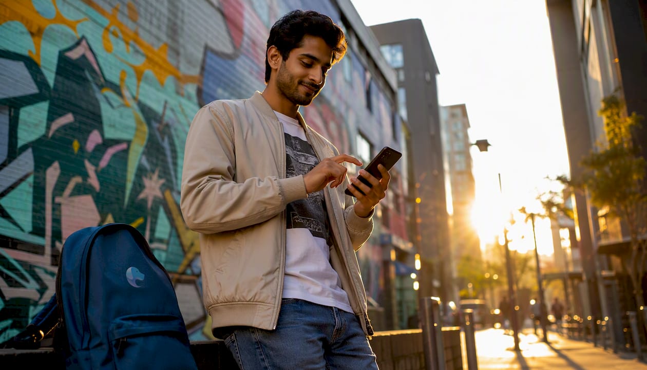 Man using smartphone for event promotion outdoors