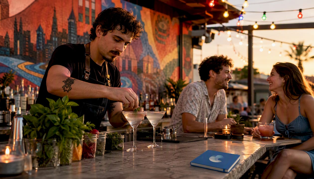 Interior of bar preparing for happy hour crowd