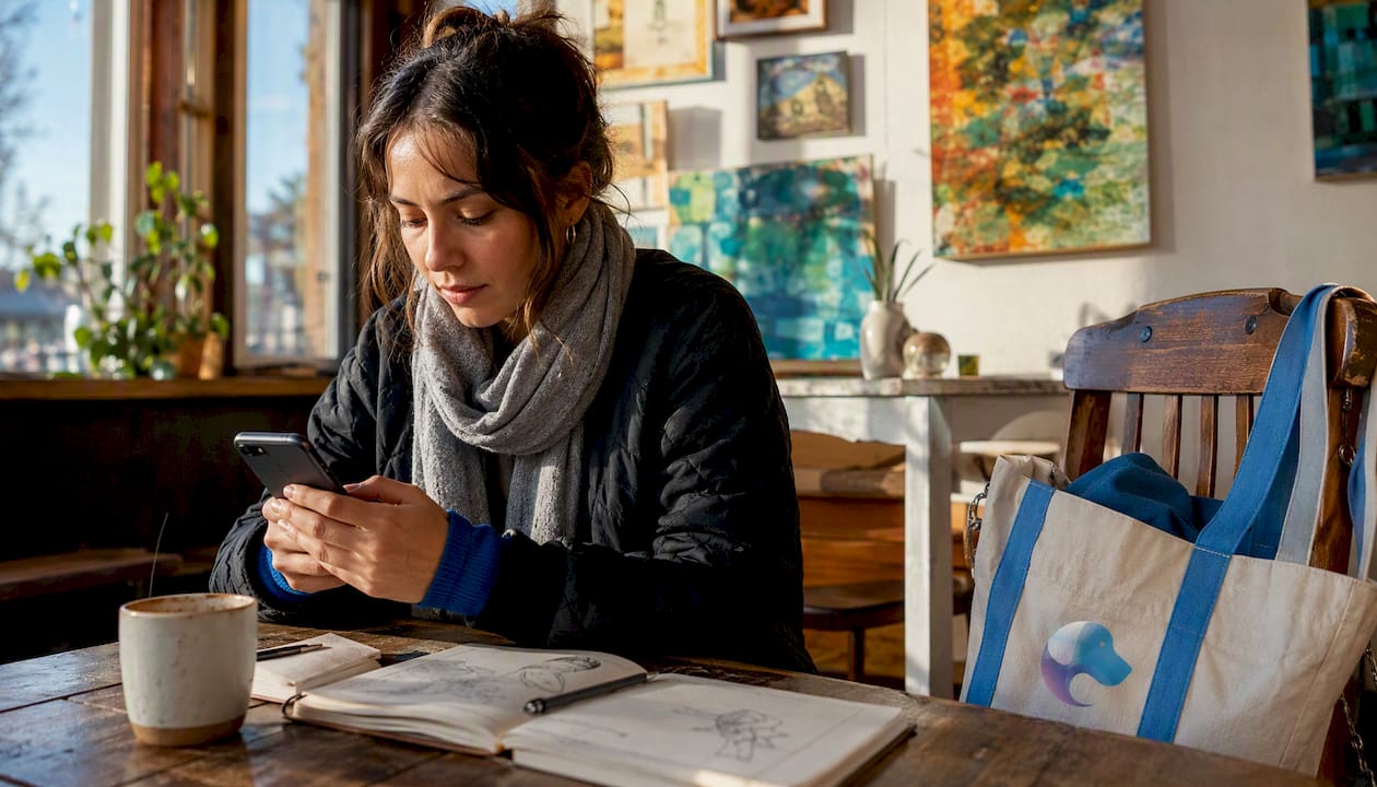 Woman using smartphone event discovery app at café