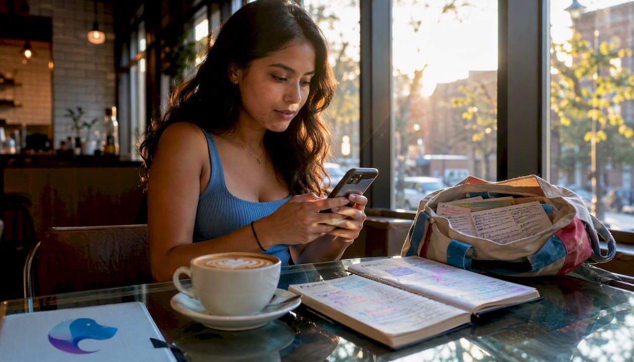 Woman researching local influencers at coffee shop