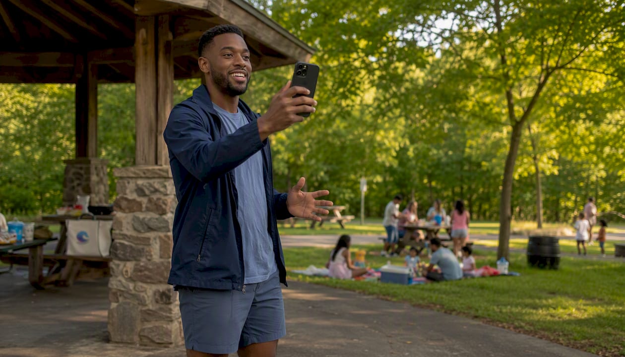 Local influencer recording food review outdoors