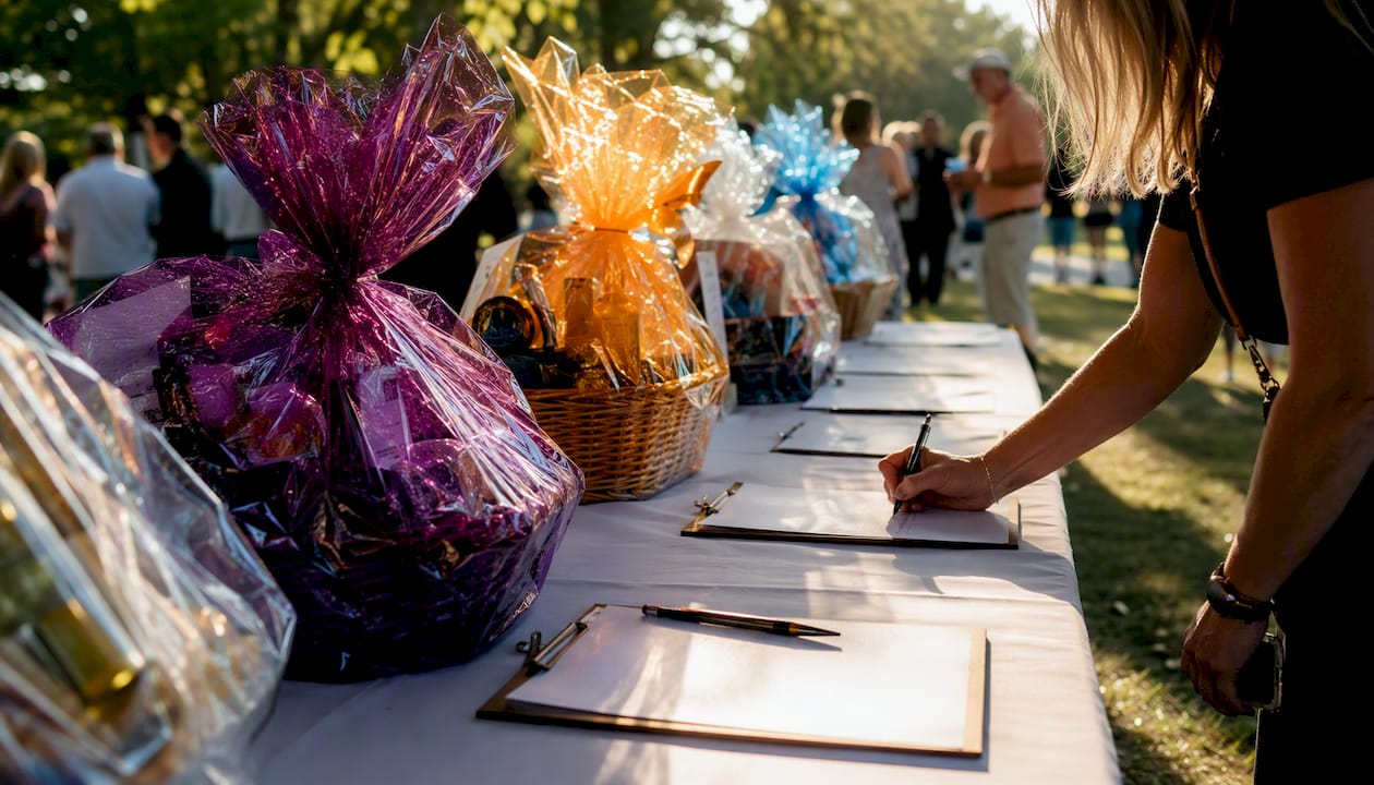 Silent auction gift baskets and bid sheet