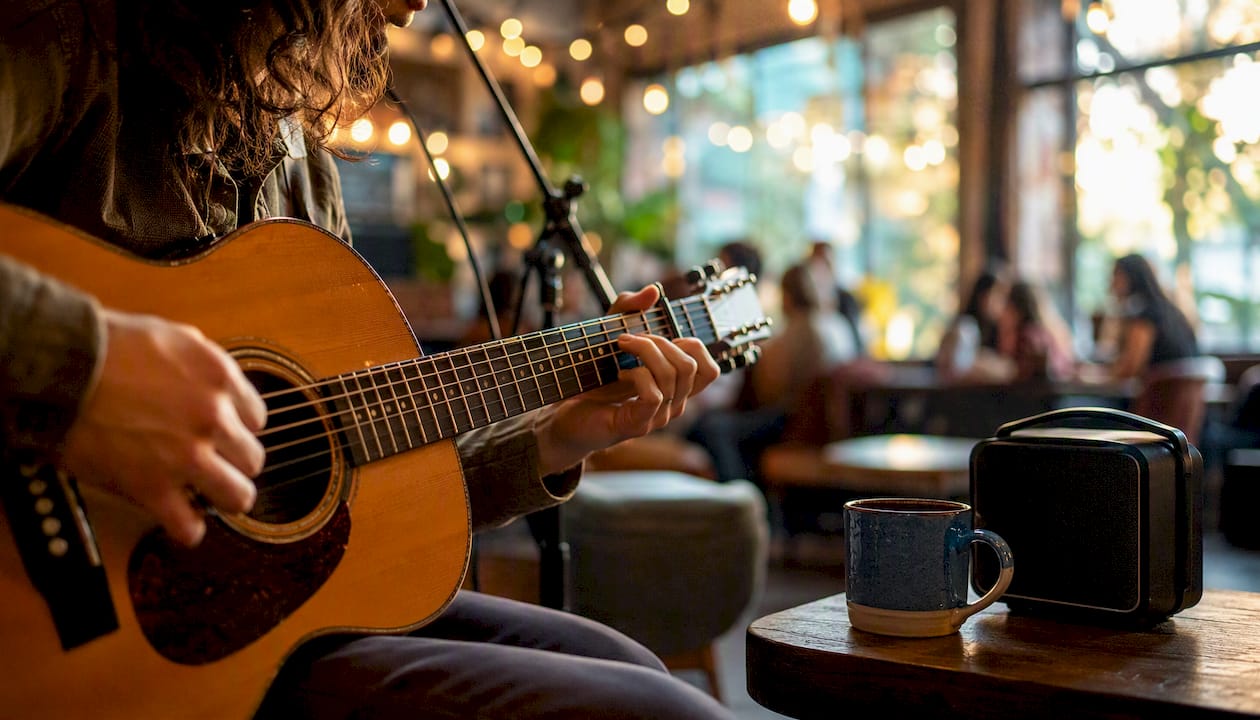 Guitarist playing acoustic guitar at coffeehouse