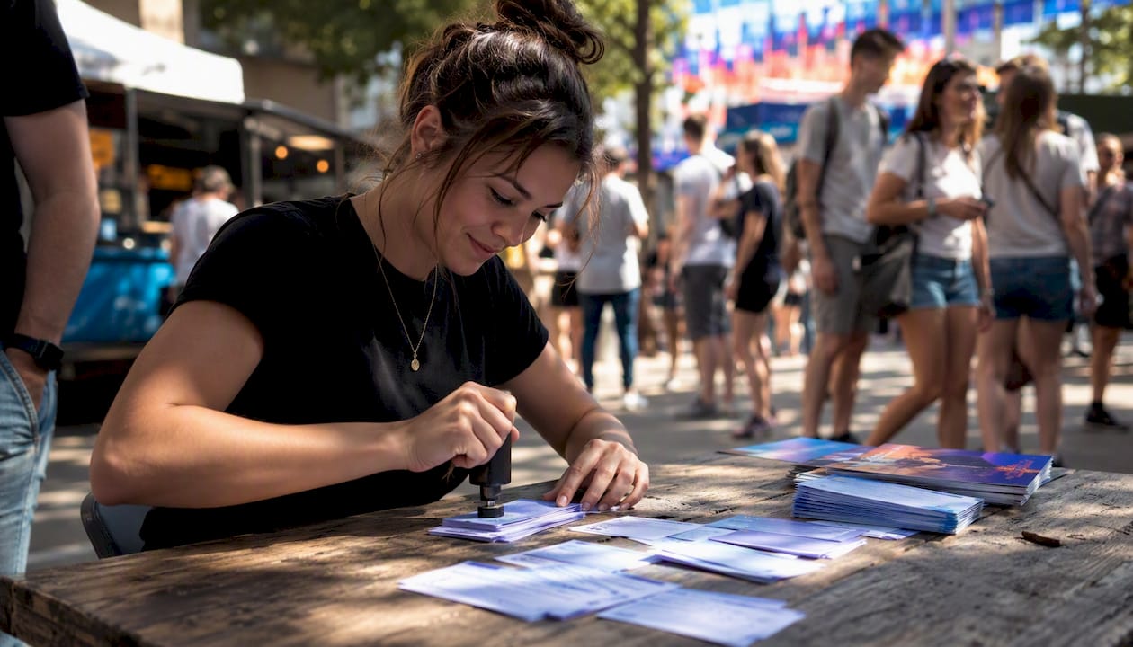 Person stamping physical tickets