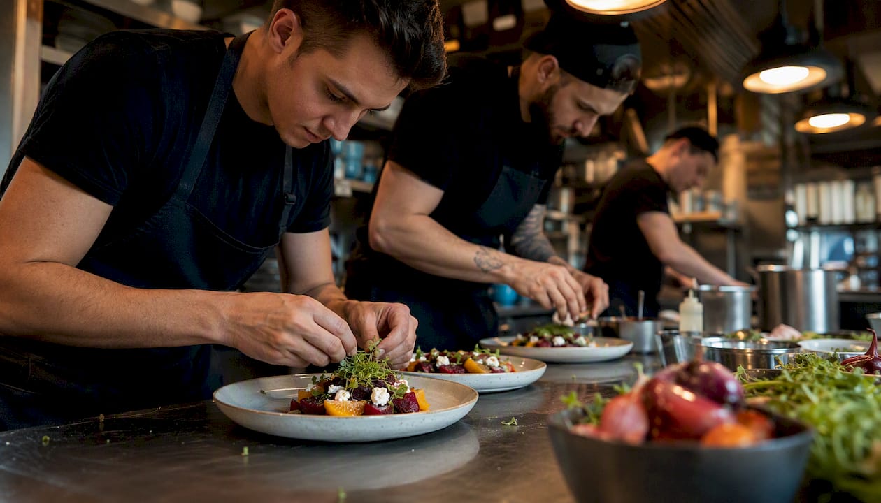 Kitchen staff plating restaurant specials
