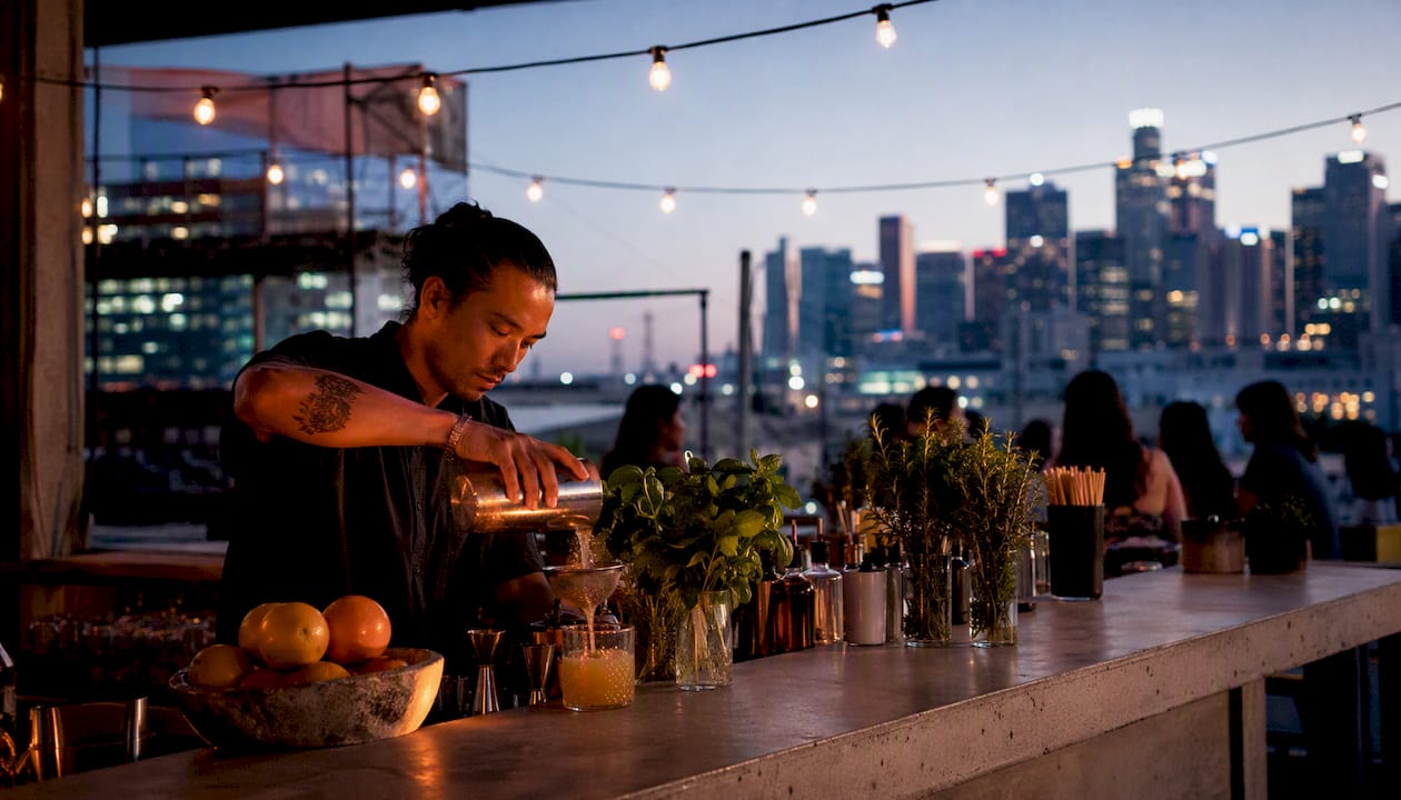 Bartender pouring cocktail at rooftop bar in LA Arts District