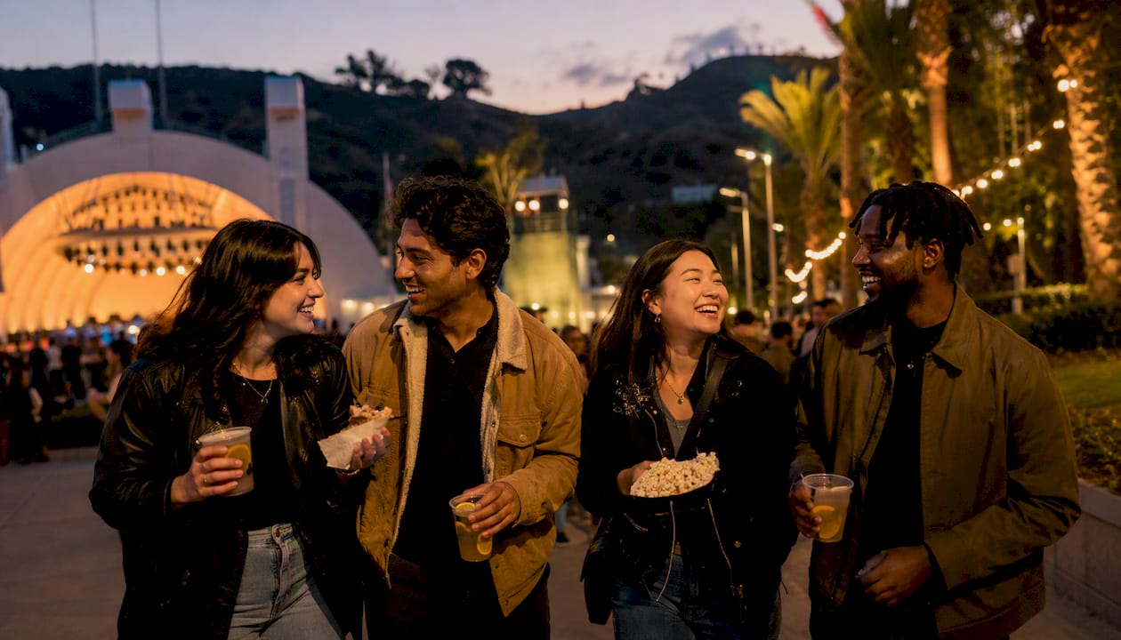 Crowd walking towards Hollywood Bowl at twilight
