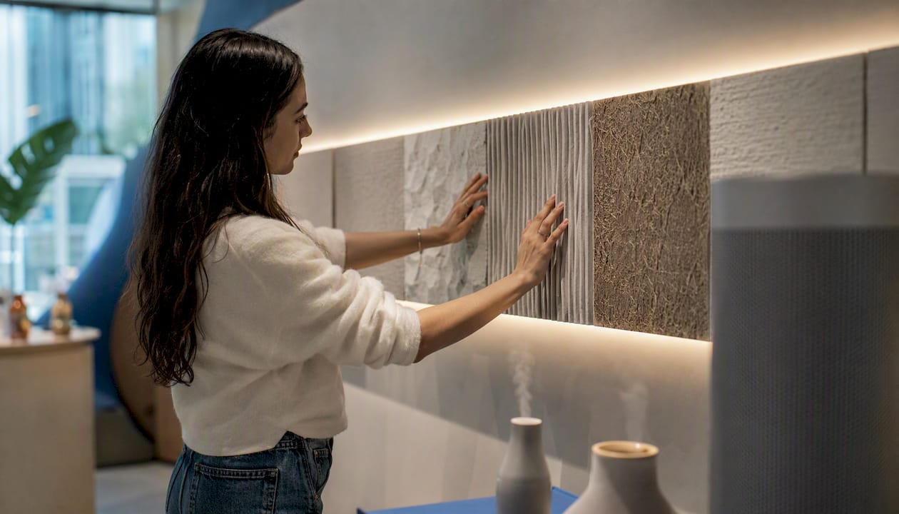 Hands touching textured sensory panel indoors