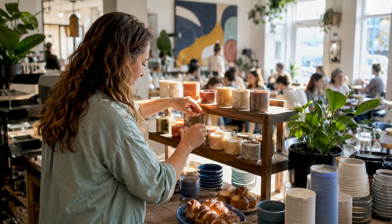 Artisan setting up candle pop-up in boutique shop