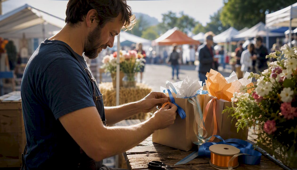 Hands tying ribbon at market stall