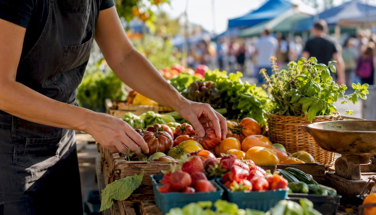 Vendor hands arranging fresh produce