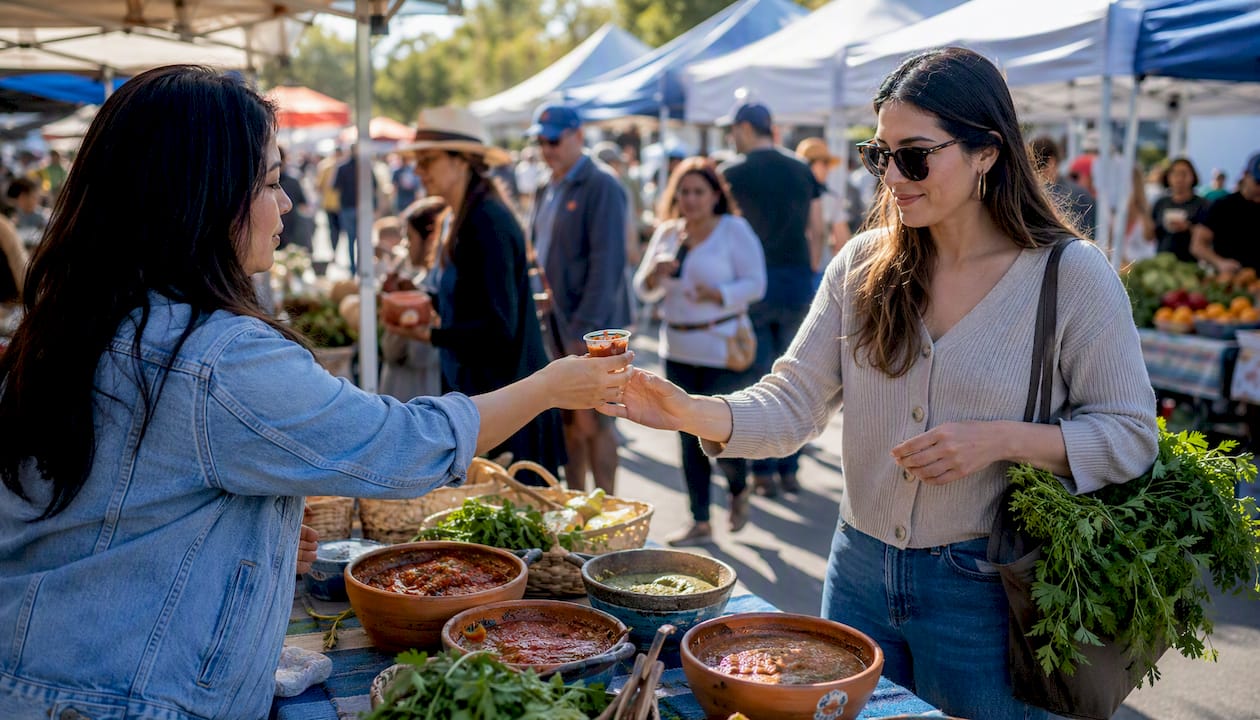 Hand passing tamale sample at market