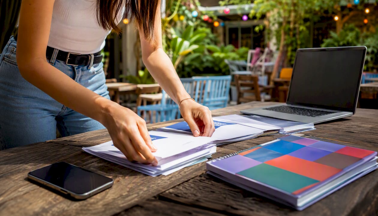 Hands arranging event promotional materials