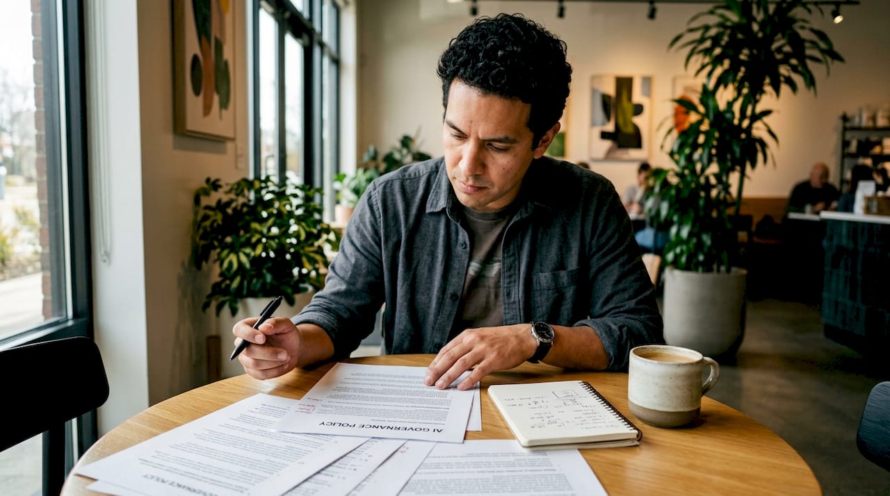 Man reviewing AI governance policy documents