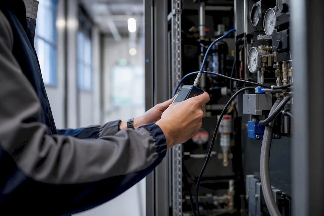 Technician calibrating equipment in facility