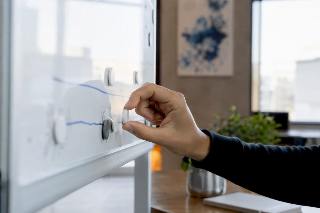 Hand adjusting stage gate marker on whiteboard