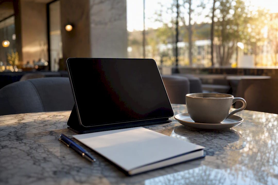 Digital dashboard device off, coffee and notepad nearby