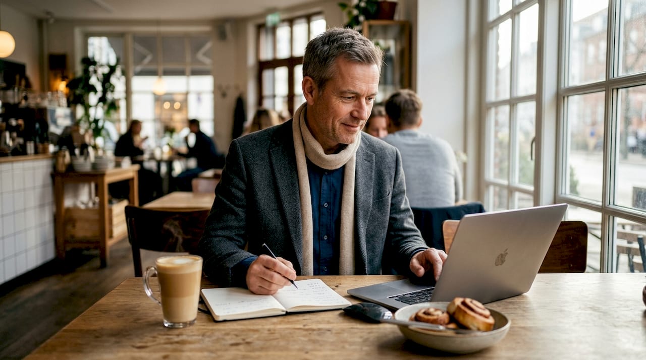 En mand sidder på en café og kigger på priser for klaverundervisning.