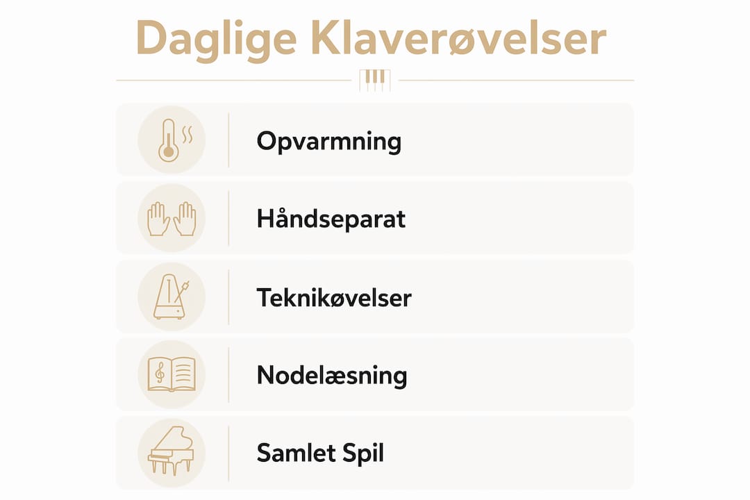 Grafisk oversigt over daglige klaverøvelser – trin for trin