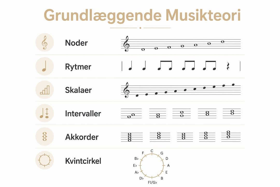 Overskuelig infografik med de vigtigste grundbegreber i musikteori – trin for trin