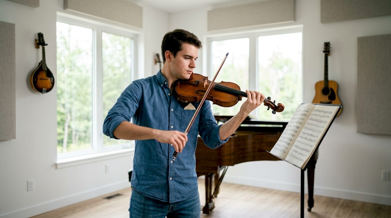 En teenager sidder derhjemme og øver sig på violin.