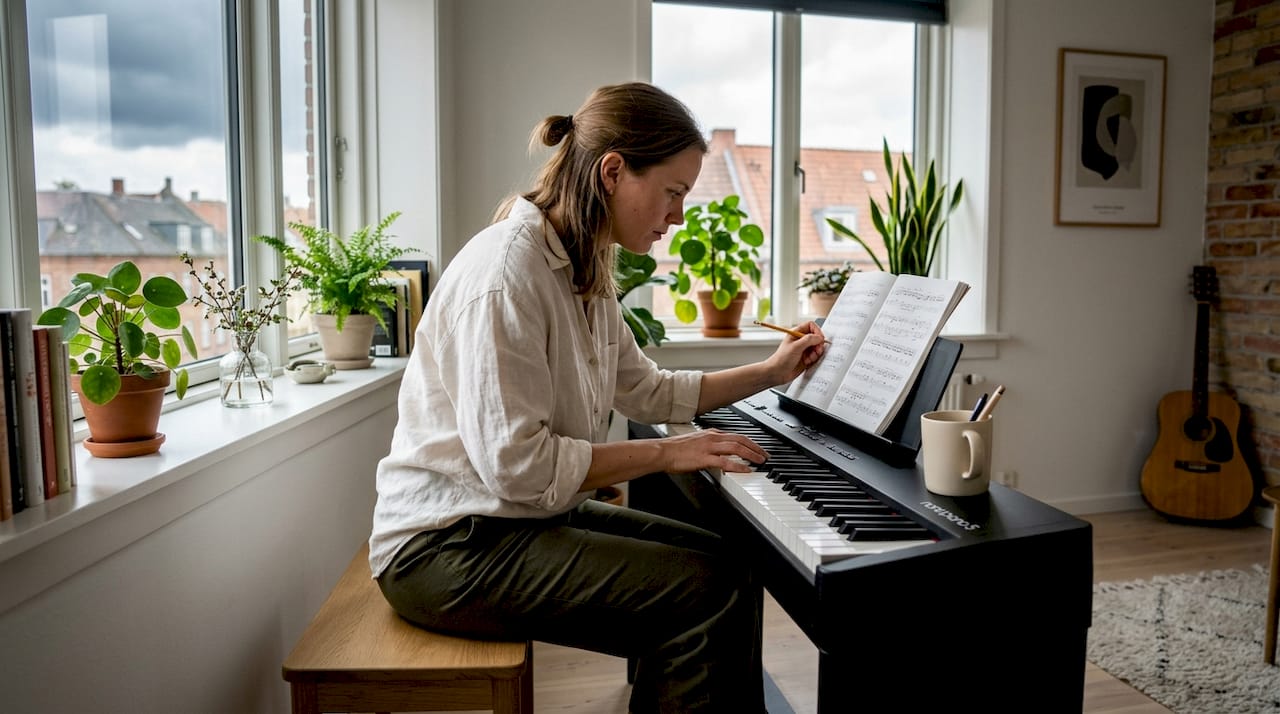 En voksen elev øver klaver i musiklokalet.