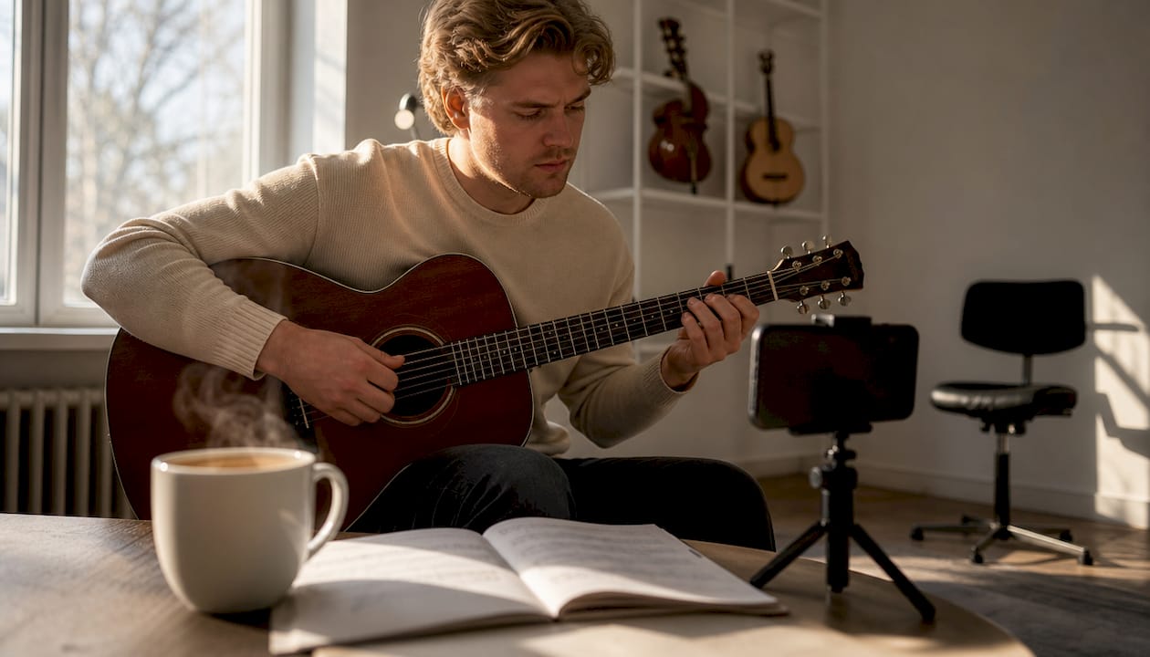 En musikstuderende sidder ved bordet og optager sin guitarøvelse med mobilen.