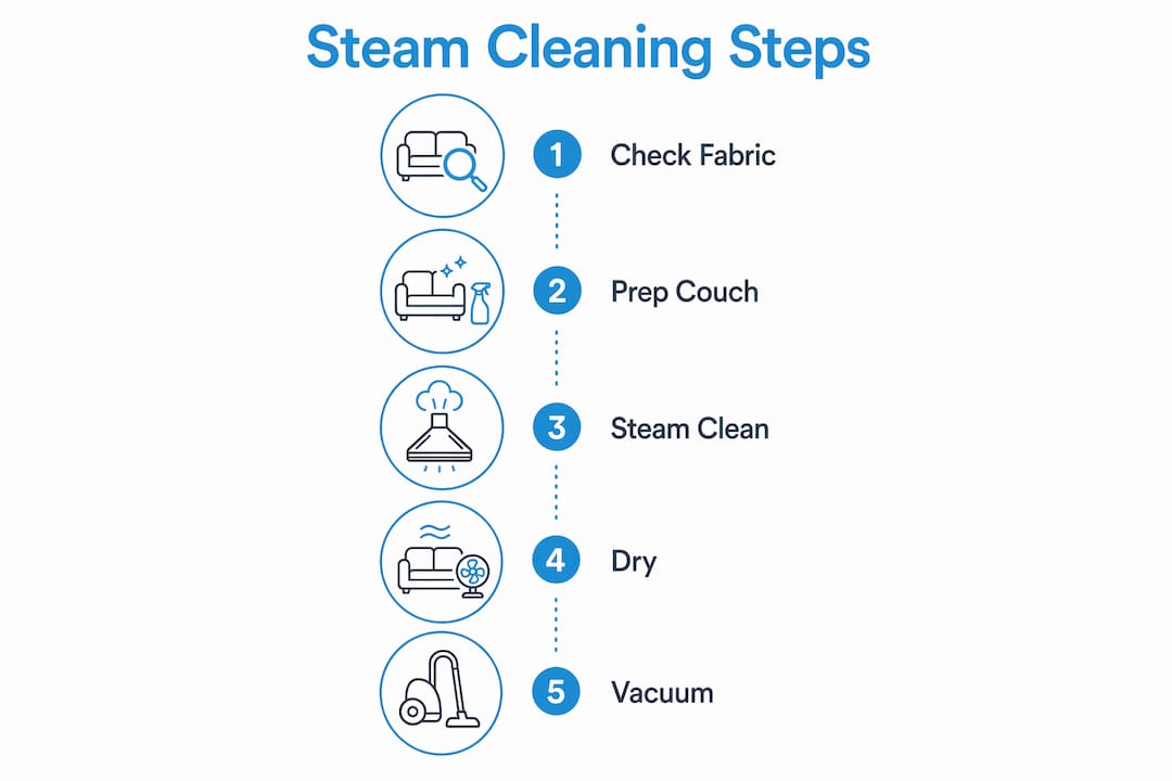 Infographic showing safe steps for steam cleaning couch