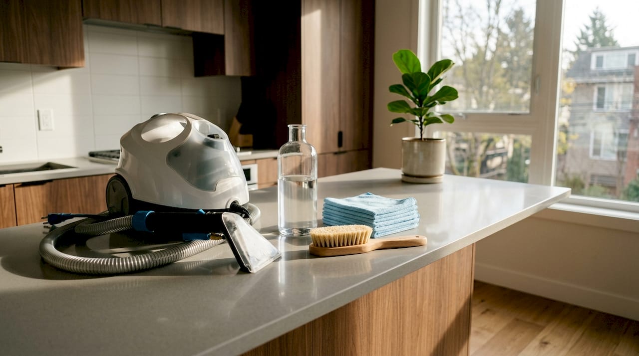 Steam cleaning tools arranged on laundry table
