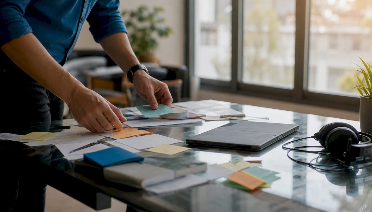 Hands clearing cluttered office desk
