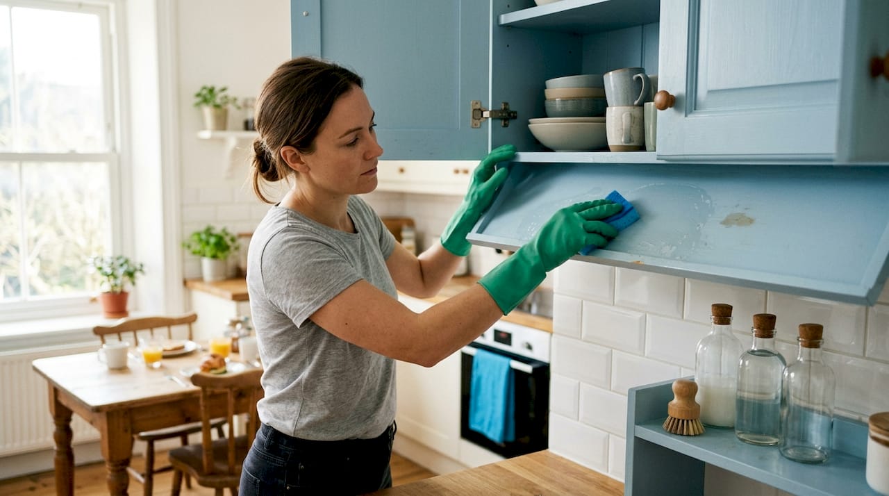 Hands wiping inside kitchen cupboard